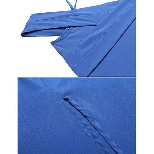 Women Classic Sleeveless Cold Shoulder Solid Spaghetti Straps Midi Split Dress ( Blue )