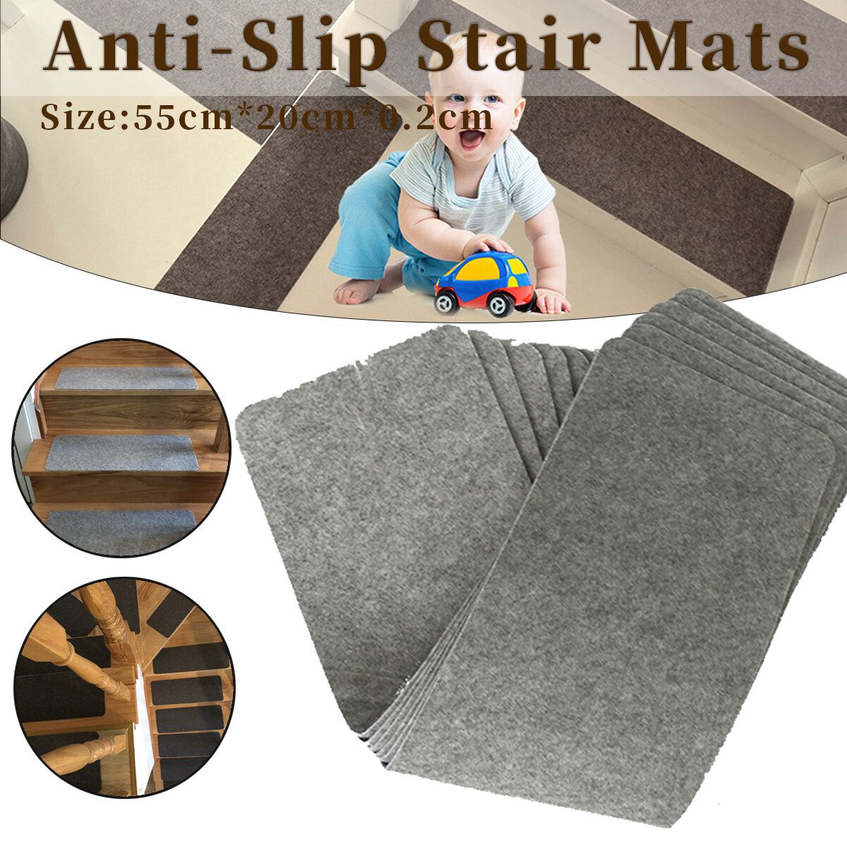 1Pcs Set Non Slip Rectangular Solid Doormat Self Adhesive Anti-Slip Stair Mats -- Dark Grey/ Light Grey Light Grey