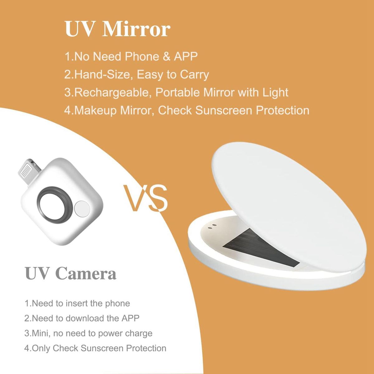 Travel Compact Mirror with UV Camera for Sunscreen Test, 2X Magnification Portable Lighted Mirror for Handbag Pocket