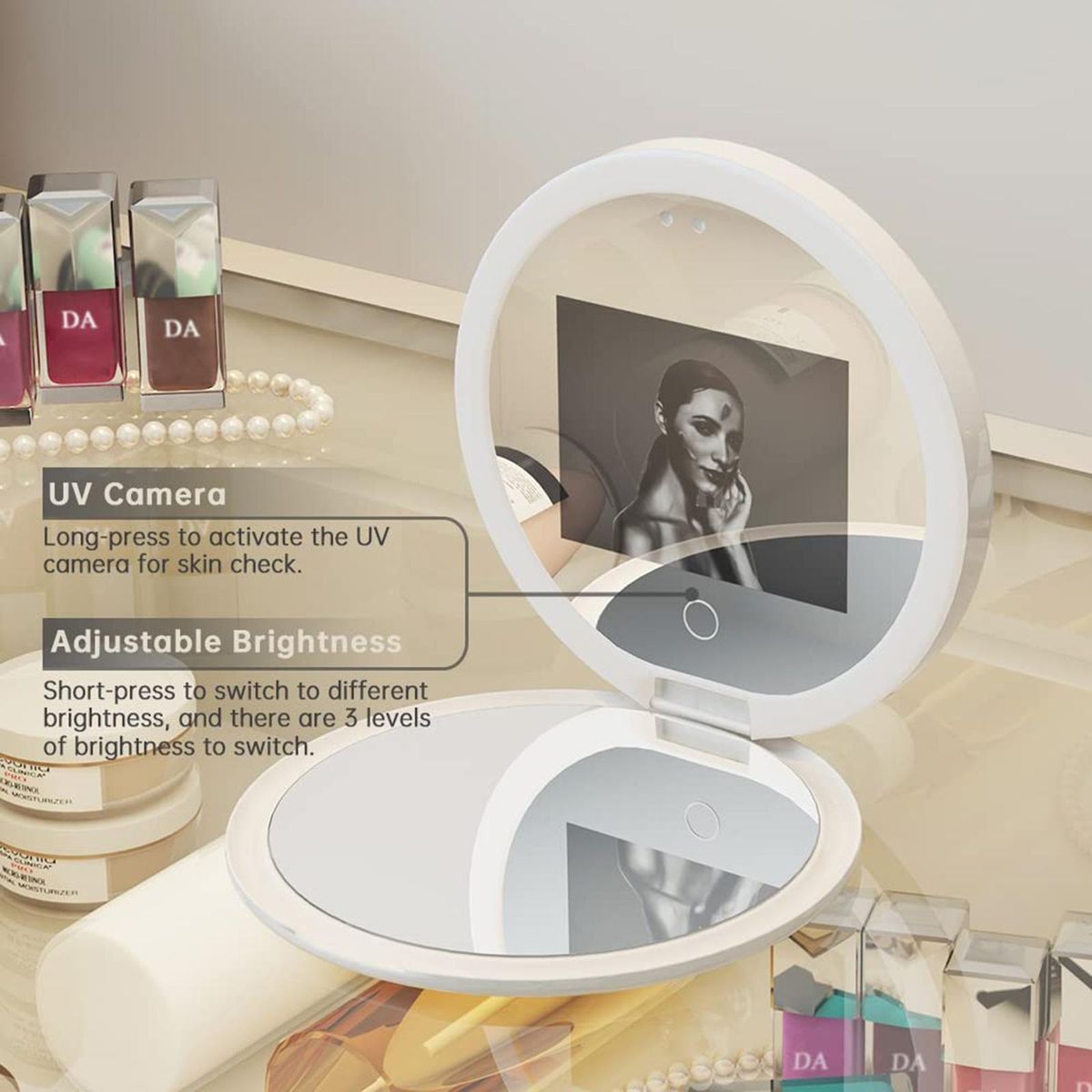 Travel Compact Mirror with UV Camera for Sunscreen Test, 2X Magnification Portable Lighted Mirror for Handbag Pocket