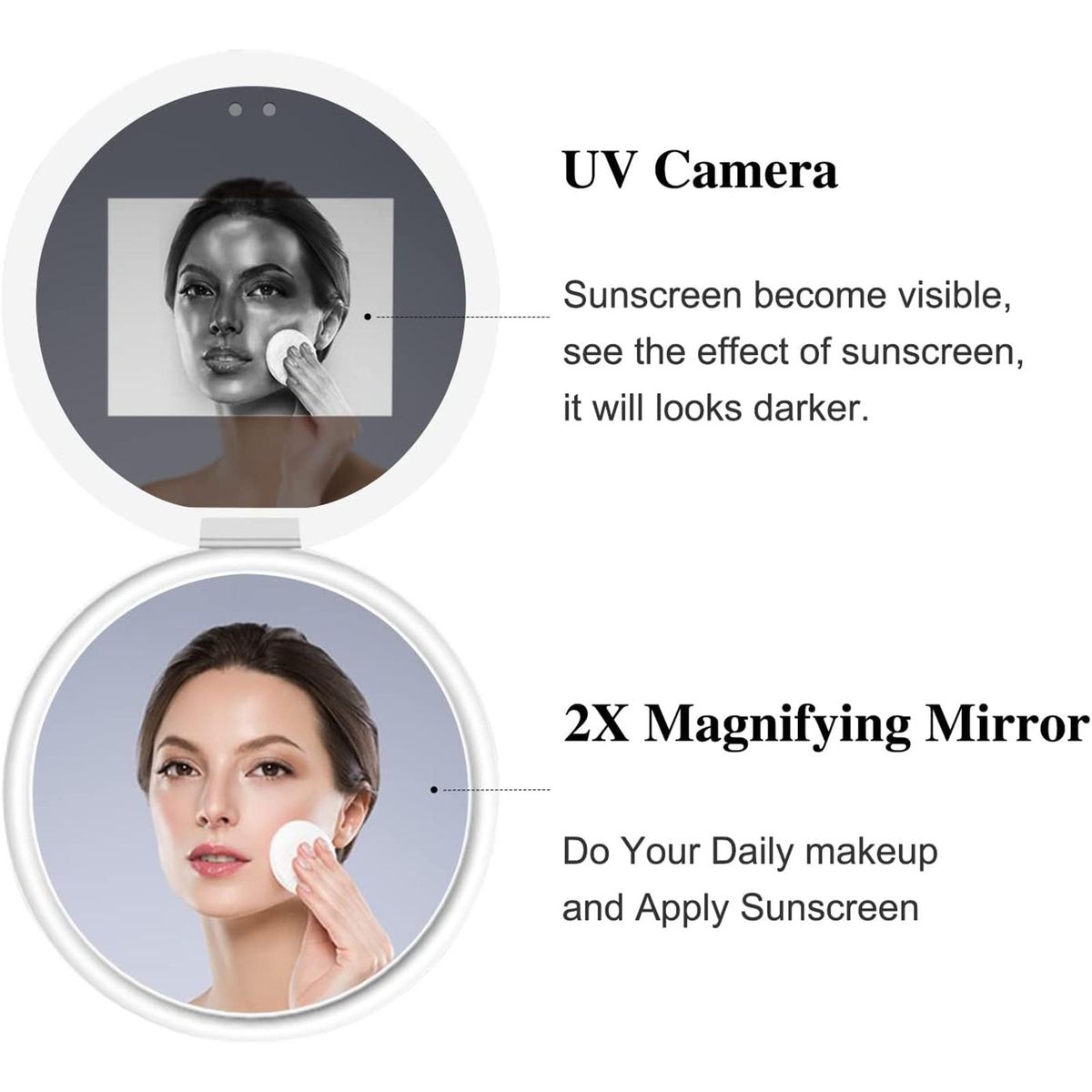 Travel Compact Mirror with UV Camera for Sunscreen Test, 2X Magnification Portable Lighted Mirror for Handbag Pocket