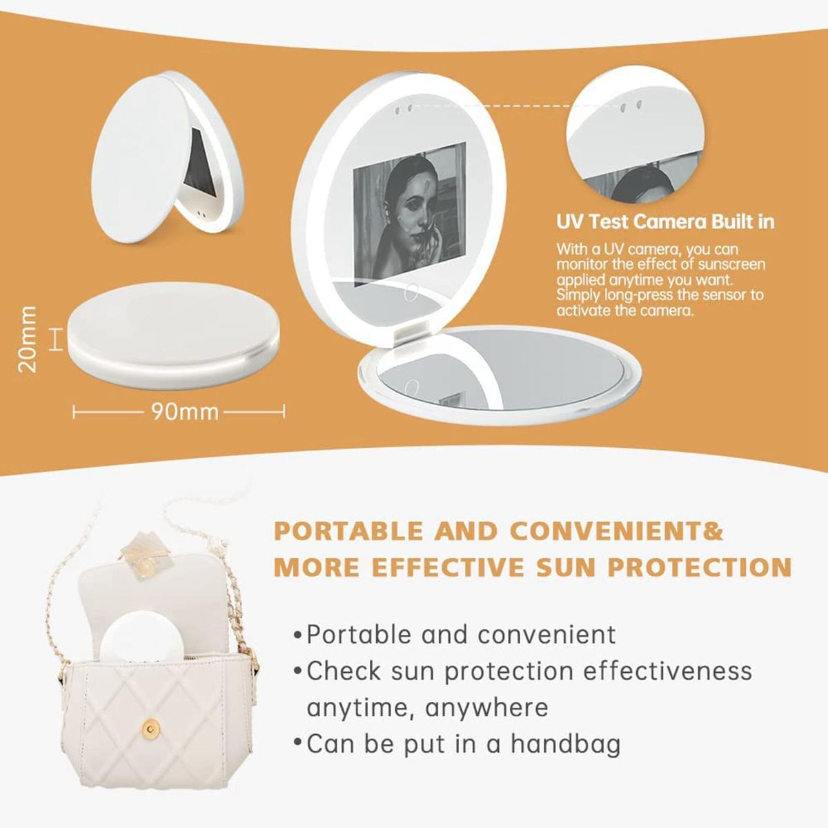 Travel Compact Mirror with UV Camera for Sunscreen Test, 2X Magnification Portable Lighted Mirror for Handbag Pocket
