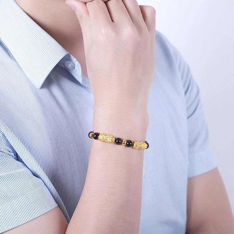 Mens Six Pixiu Feng Shui Black Obsidian Wealth Bracelet