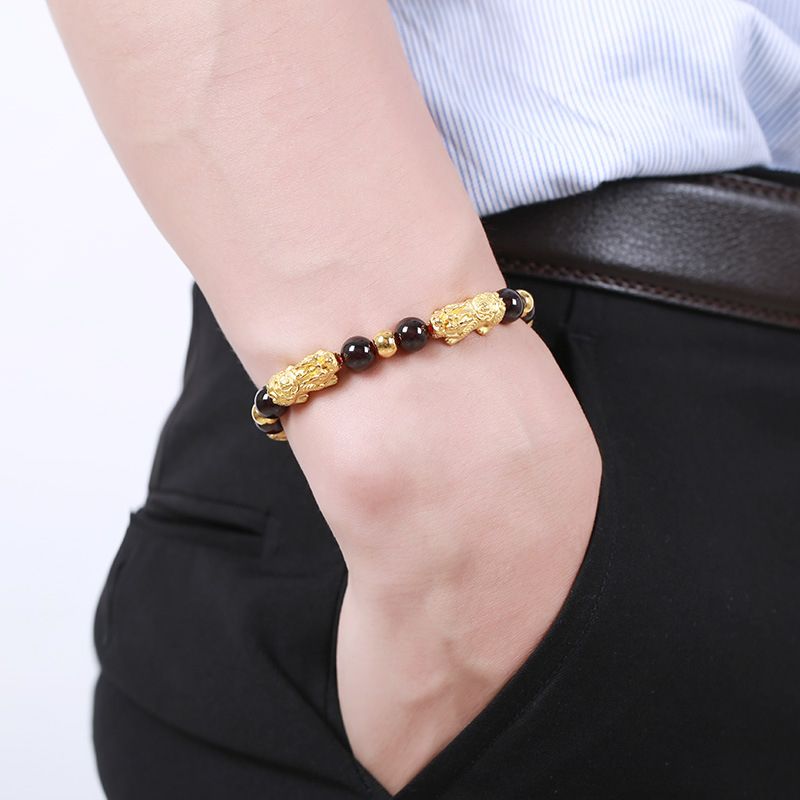 Mens Six Pixiu Feng Shui Black Obsidian Wealth Bracelet