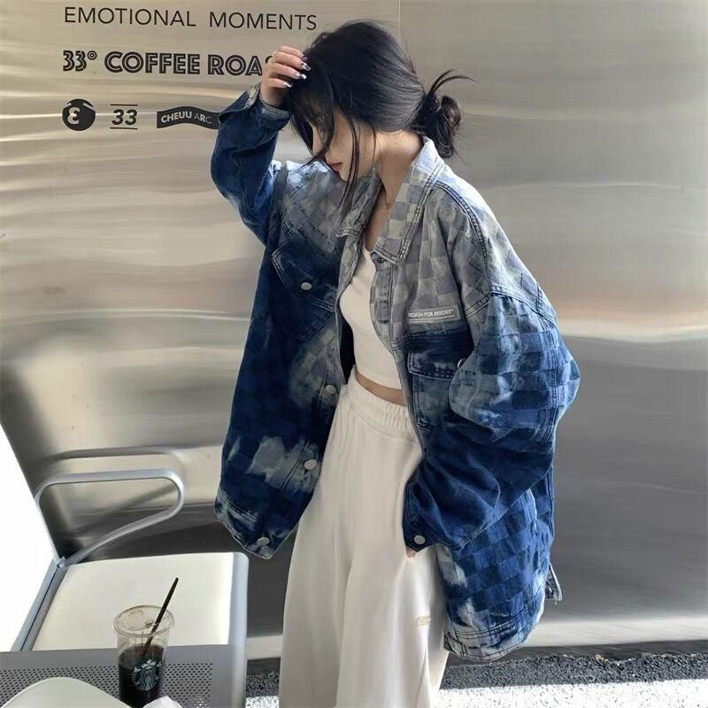23 American Retro Plaid Denim Jacket Women's Fashionable Ins Harajuku Hongkong Style Spring and Autumn Design Sense Niche Tie-Dyed Denim Short Gown