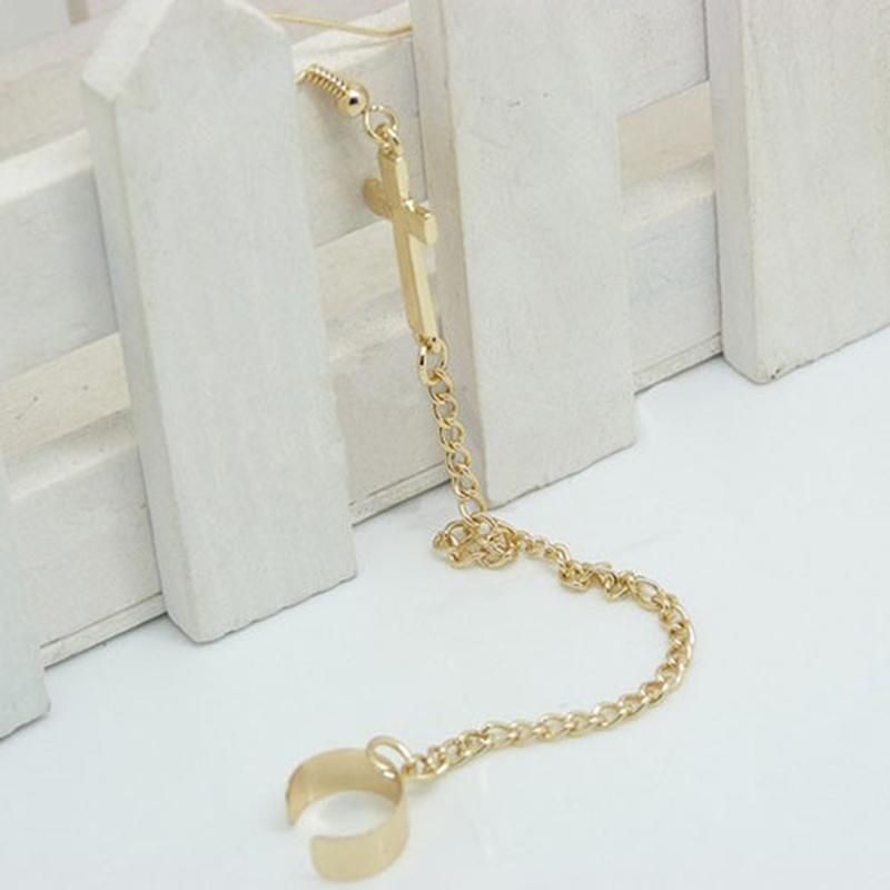 Punk Cross Charm Chain Cartilage Ear Cuff Clip Hook-Silver