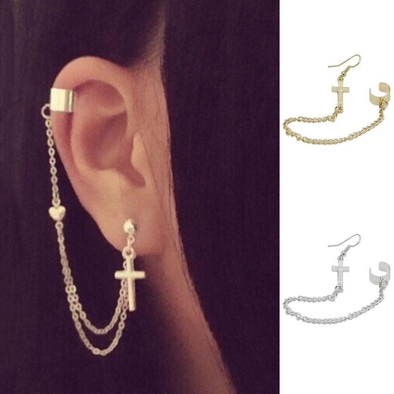 Punk Cross Charm Chain Cartilage Ear Cuff Clip Hook-Silver