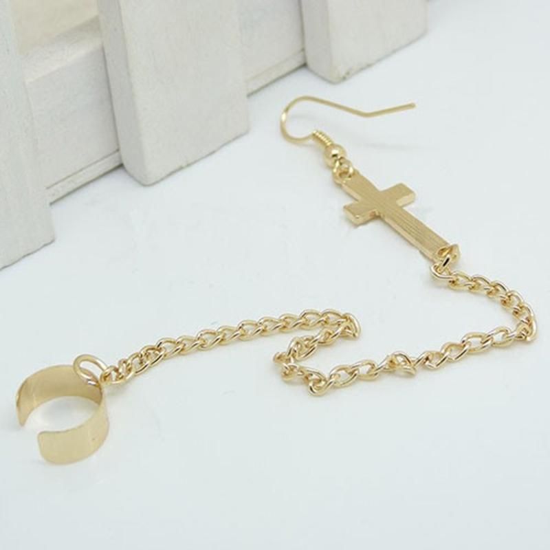 Punk Cross Charm Chain Cartilage Ear Cuff Clip Hook-Silver