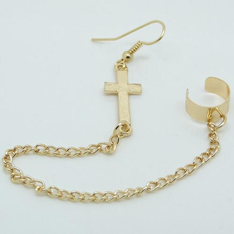 Punk Cross Charm Chain Cartilage Ear Cuff Clip Hook-Silver