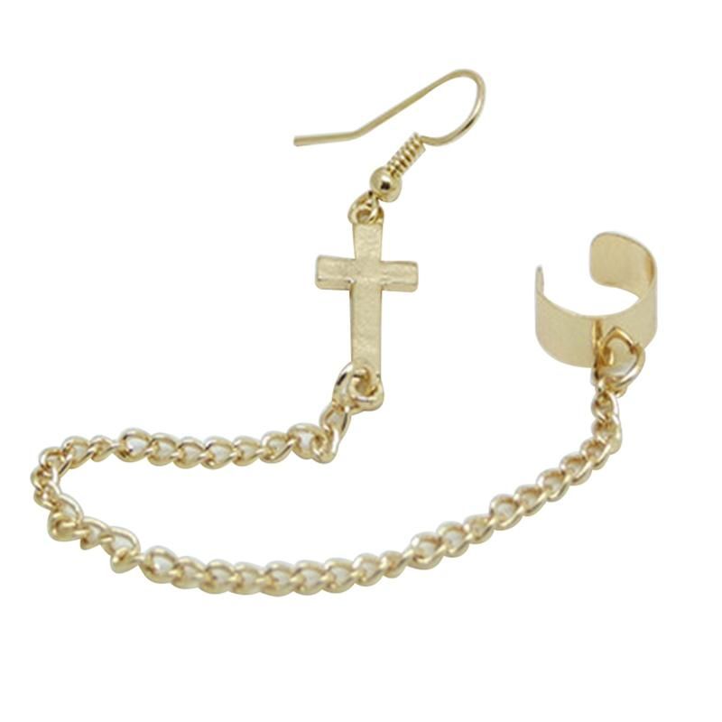 Punk Cross Charm Chain Cartilage Ear Cuff Clip Hook-Silver