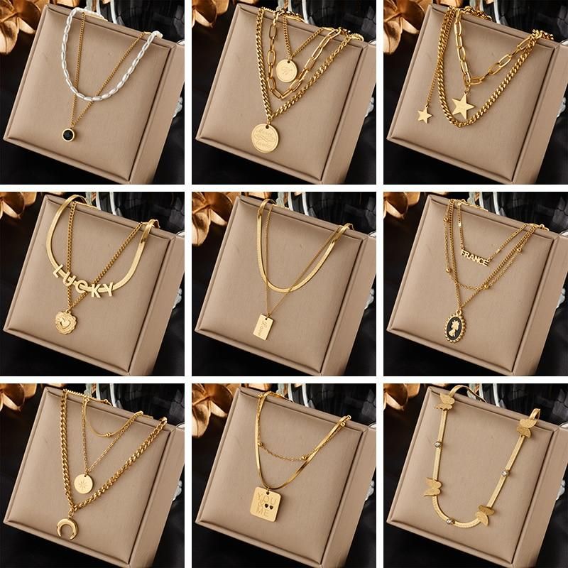DIEYURO Gold Color Multi-Layer Letter Necklaces for Women Stainless Steel Jewelry Girls Party Classic Decoration Bijoux