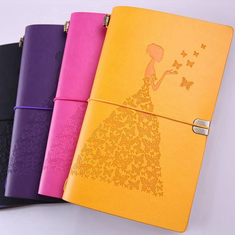 Pretty Butterfly Lady Vintage Travelers Notebook Diary Notepad PU Leather Literature Journal Planners School Stationery(Purple)