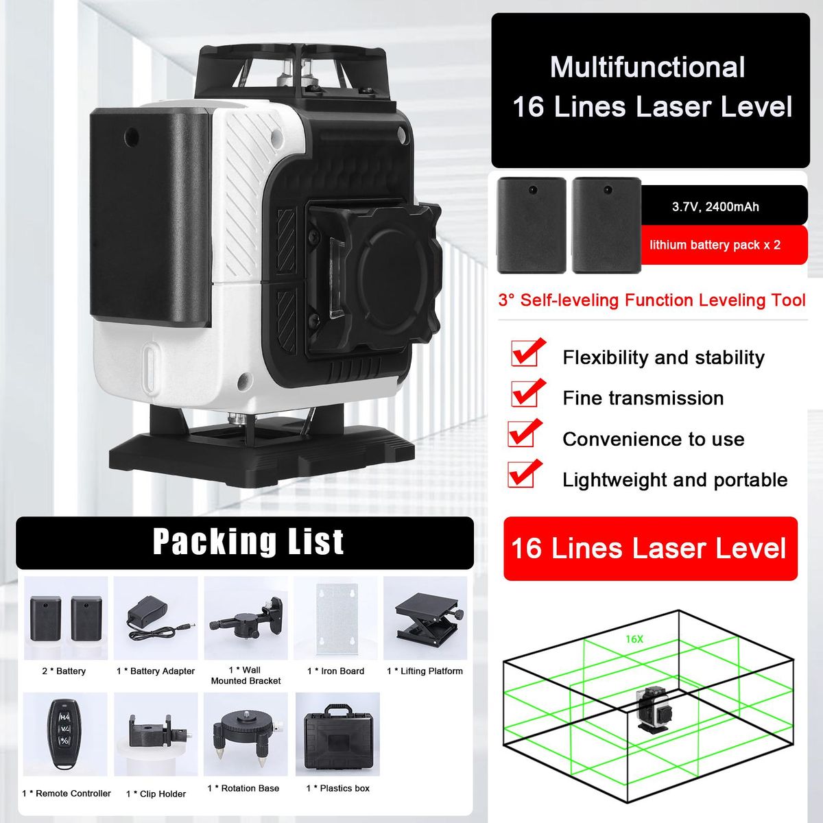 Multifunctional 16 Lines Laser Level 3° Self-leveling Machine Rechargeable Lithium Battery Leveling Tool Omnidirectional Ground Wall Sticker Waterproof Home Improvement Tools Set