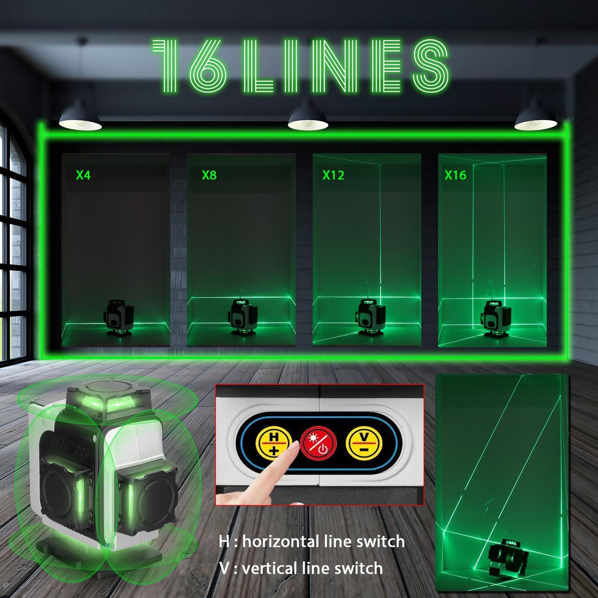 Multifunctional 16 Lines Laser Level 3° Self-leveling Machine Rechargeable Lithium Battery Leveling Tool Omnidirectional Ground Wall Sticker Waterproof Home Improvement Tools Set