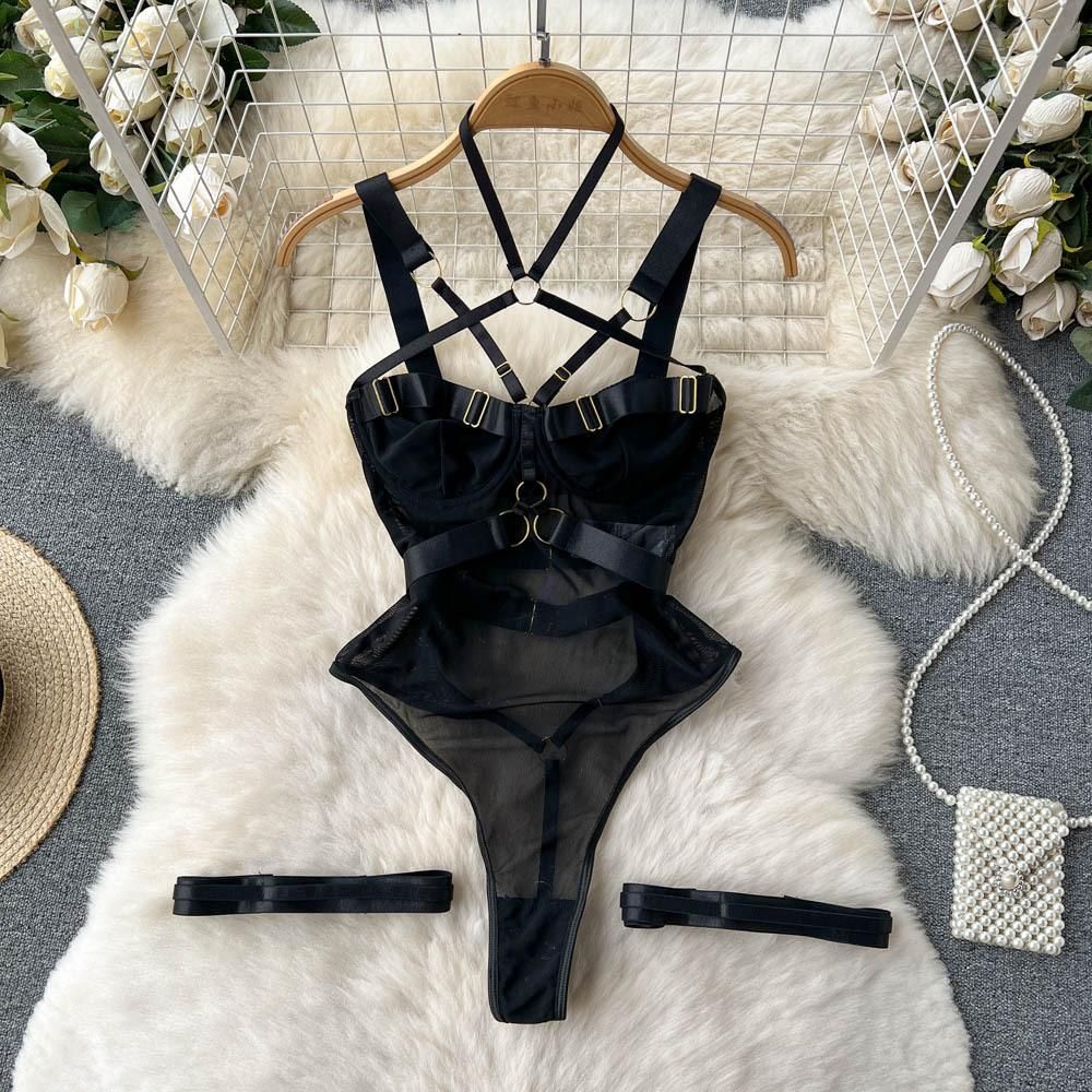 Design sense buckle, cross hanging neck, hollowed out suspender, tight fitting clothing, sexy