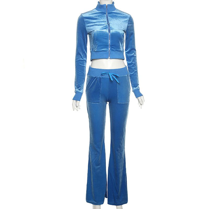 Two Piece Set Velour Women Zipper Long Sleeve Sweatsuit + Wide Leg Pants