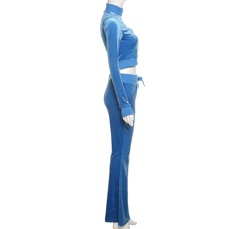 Two Piece Set Velour Women Zipper Long Sleeve Sweatsuit + Wide Leg Pants