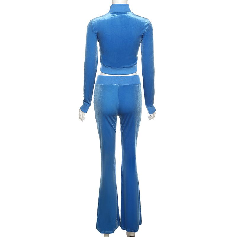 Two Piece Set Velour Women Zipper Long Sleeve Sweatsuit + Wide Leg Pants