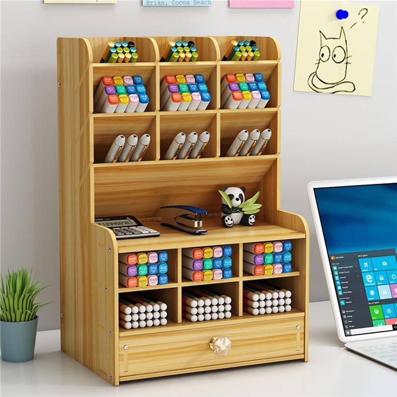 Pen Holder Wooden Desktop Pencil Organizer Office Stationary Storage Box School Desk Stand Case Makeup Rangement Home Organiser