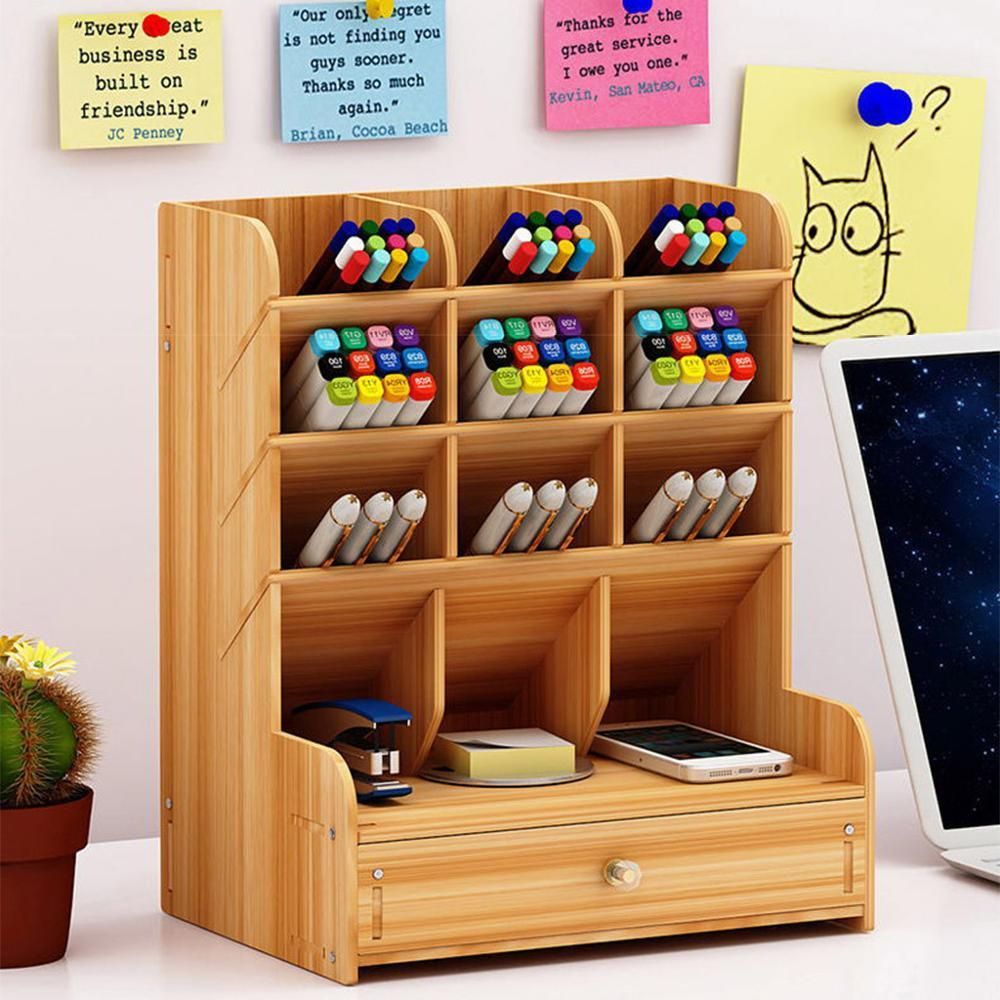 Pen Holder Wooden Desktop Pencil Organizer Office Stationary Storage Box School Desk Stand Case Makeup Rangement Home Organiser