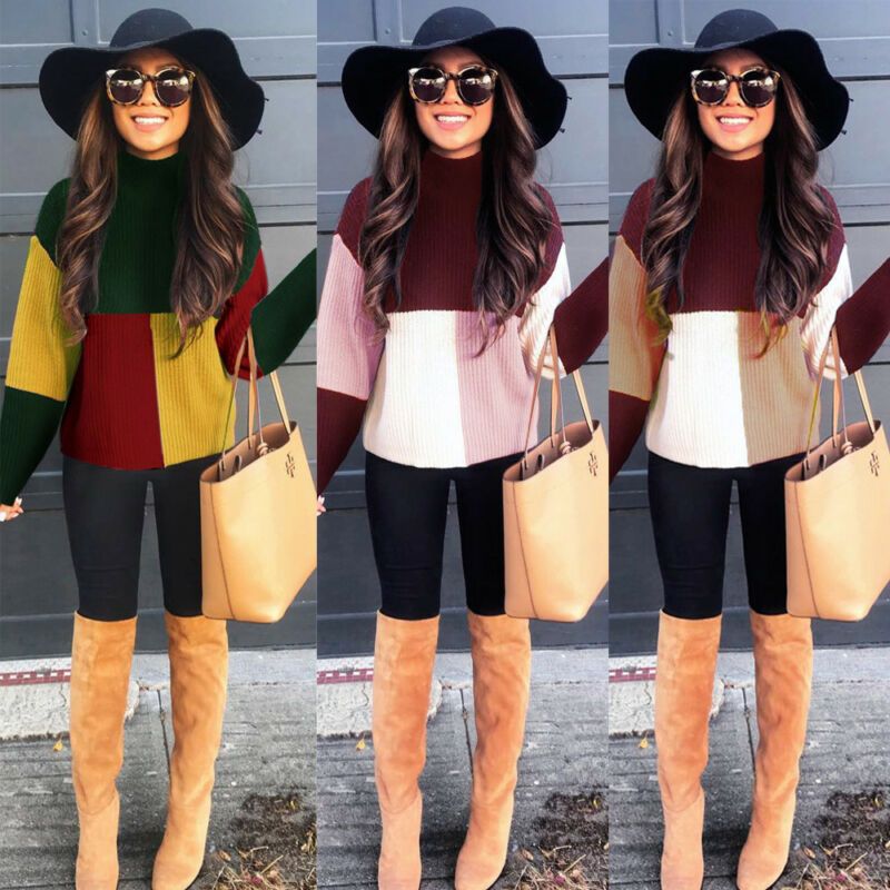 Winter Casual Fashion Women Patchwork Long Sleeves Knitted Turtle Neck Sweater Jumper Pullover Tops(#Pink)