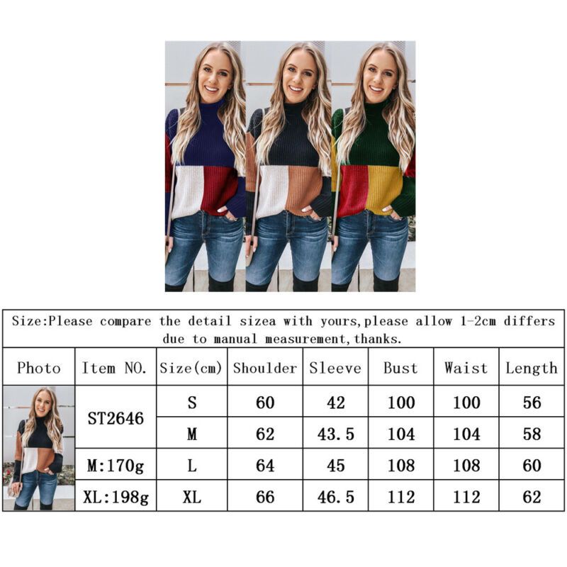 Winter Casual Fashion Women Patchwork Long Sleeves Knitted Turtle Neck Sweater Jumper Pullover Tops(#Pink)