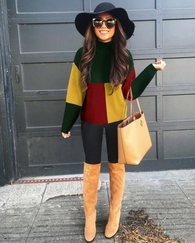 Winter Casual Fashion Women Patchwork Long Sleeves Knitted Turtle Neck Sweater Jumper Pullover Tops(#Pink)