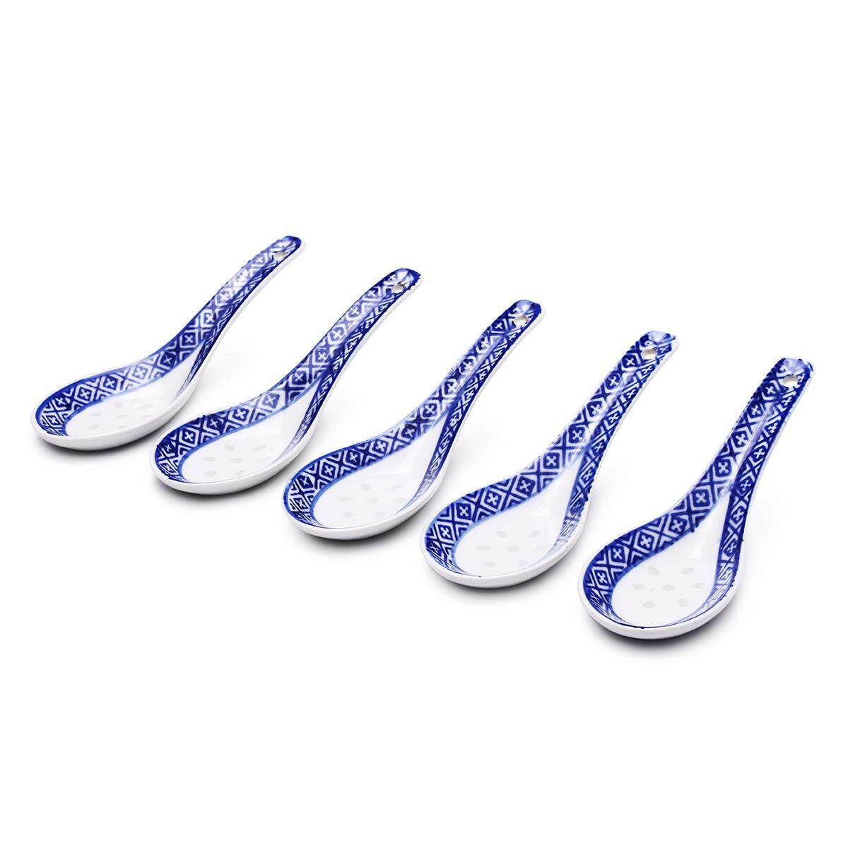 5Pcs White Porcelain Spoons Blue Patterned Asian Ceramics Chinese Soup Spoon Hot