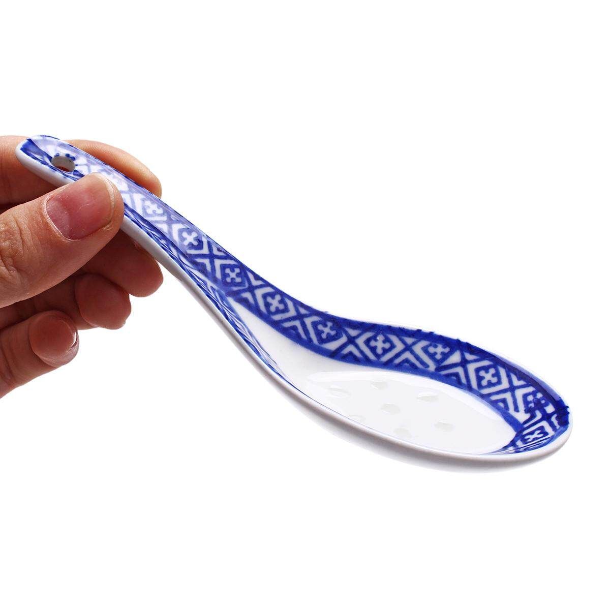 5Pcs White Porcelain Spoons Blue Patterned Asian Ceramics Chinese Soup Spoon Hot