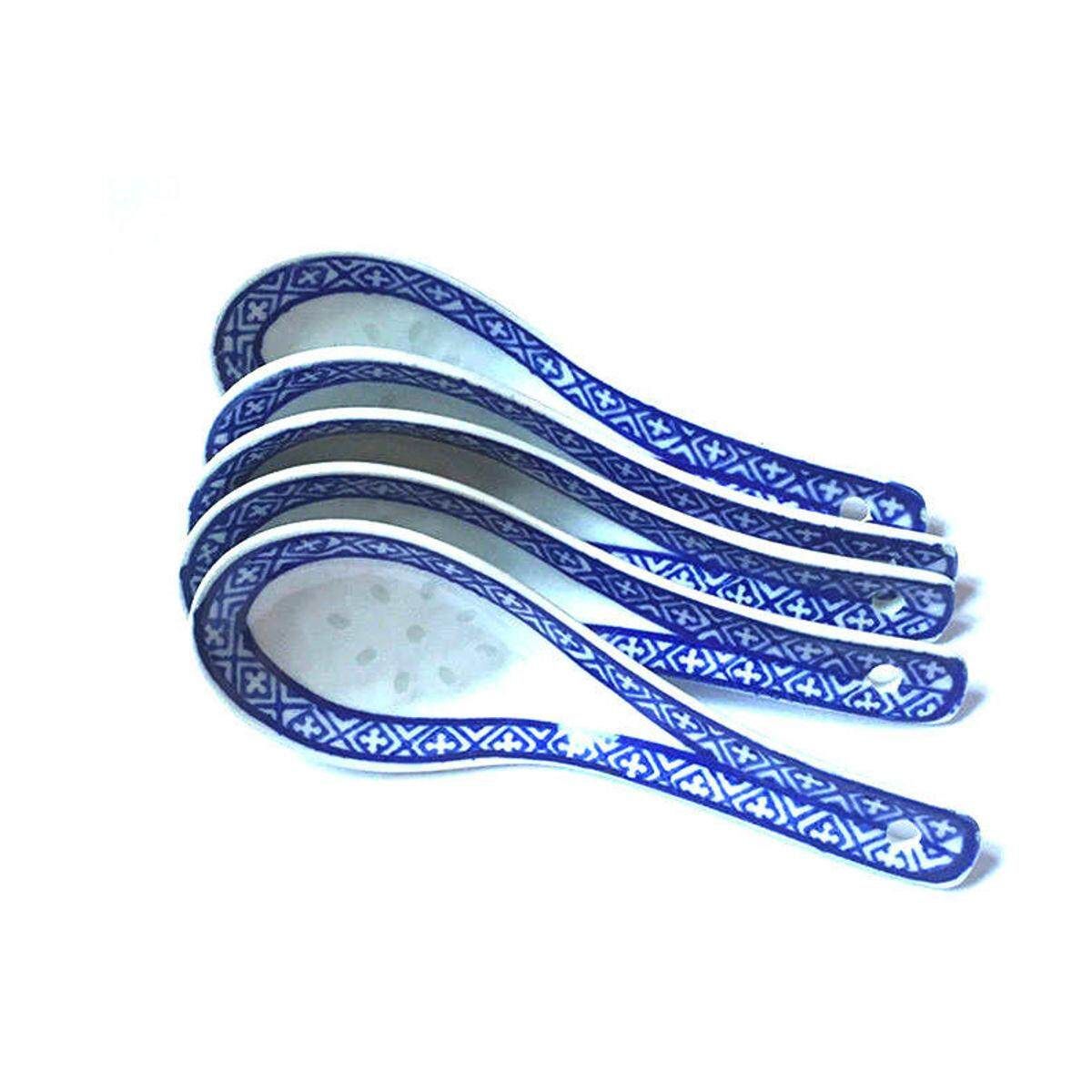 5Pcs White Porcelain Spoons Blue Patterned Asian Ceramics Chinese Soup Spoon Hot