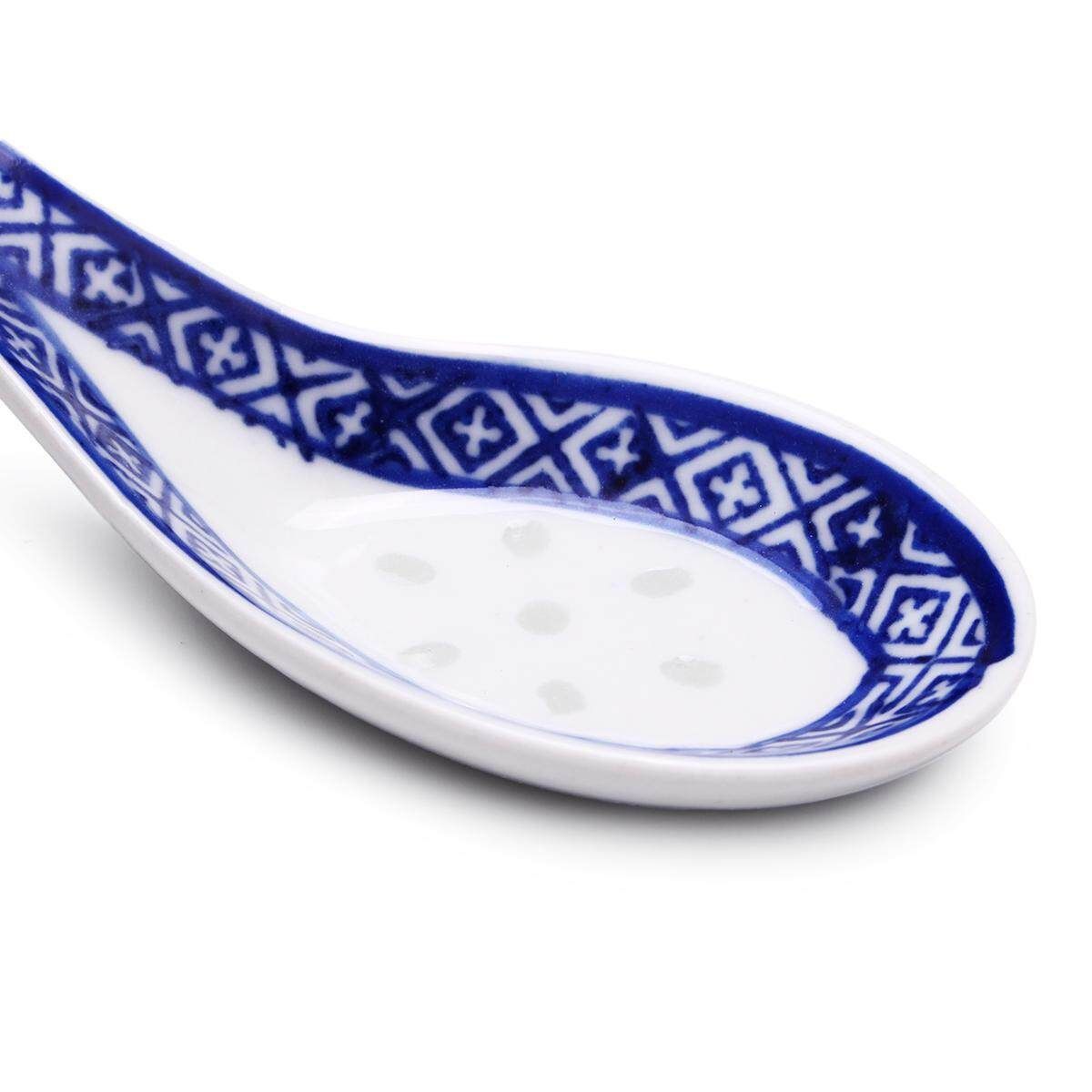 5Pcs White Porcelain Spoons Blue Patterned Asian Ceramics Chinese Soup Spoon Hot