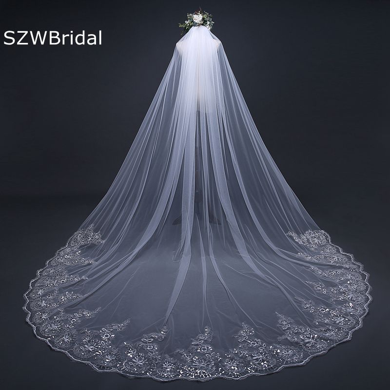 3 Meter White Ivory Cathedral Wedding Veils Long Lace Edge