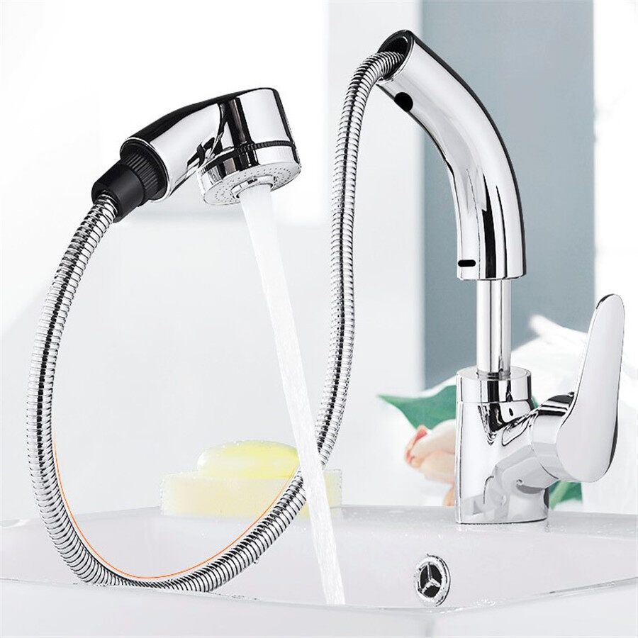Kitchen Sink Faucet Pull Out Rotation Spray Mixer Liftable Cold And Hot Water -- Silver / Gold / Black / White Silver