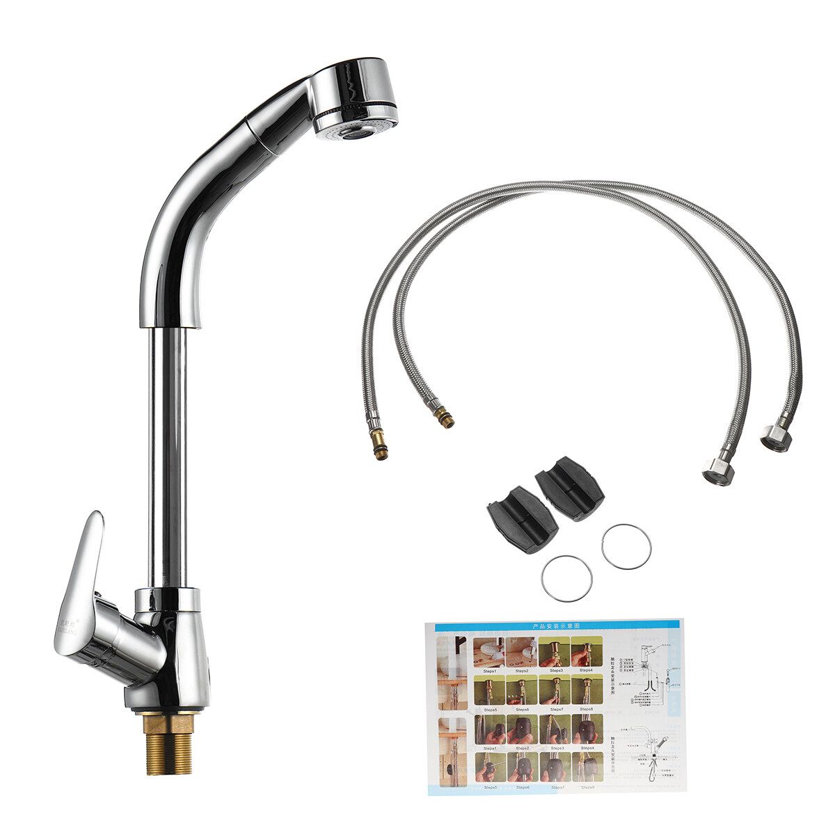 Kitchen Sink Faucet Pull Out Rotation Spray Mixer Liftable Cold And Hot Water -- Silver / Gold / Black / White Silver
