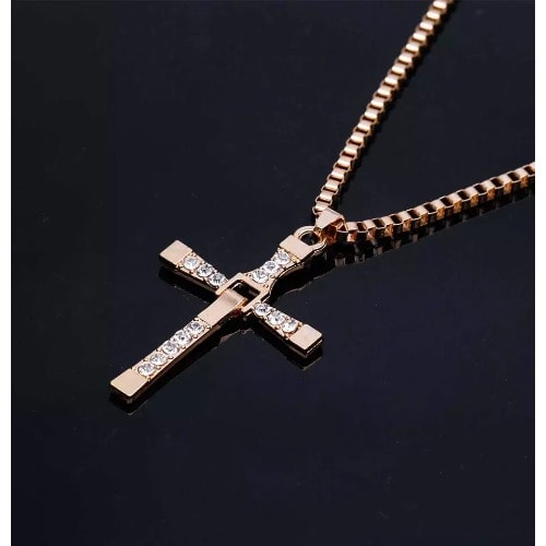 Unisex Rhinestone Bold Cross Pendant Necklace - Gold