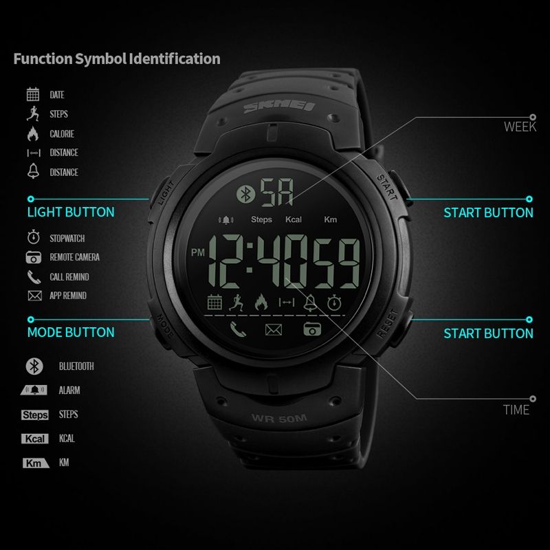 SKMEI 1301 Multifunction 50m Waterproof Sports Bluetooth Smart Watch, Compatible With Android & IOS System(Black)
