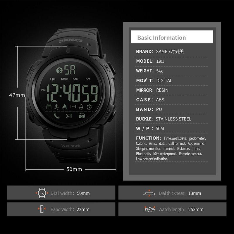 SKMEI 1301 Multifunction 50m Waterproof Sports Bluetooth Smart Watch, Compatible With Android & IOS System(Black)