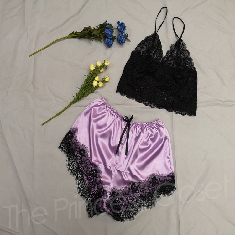 G09 2 Pieces Night Sleepwear Homewear Set-Black&Purple