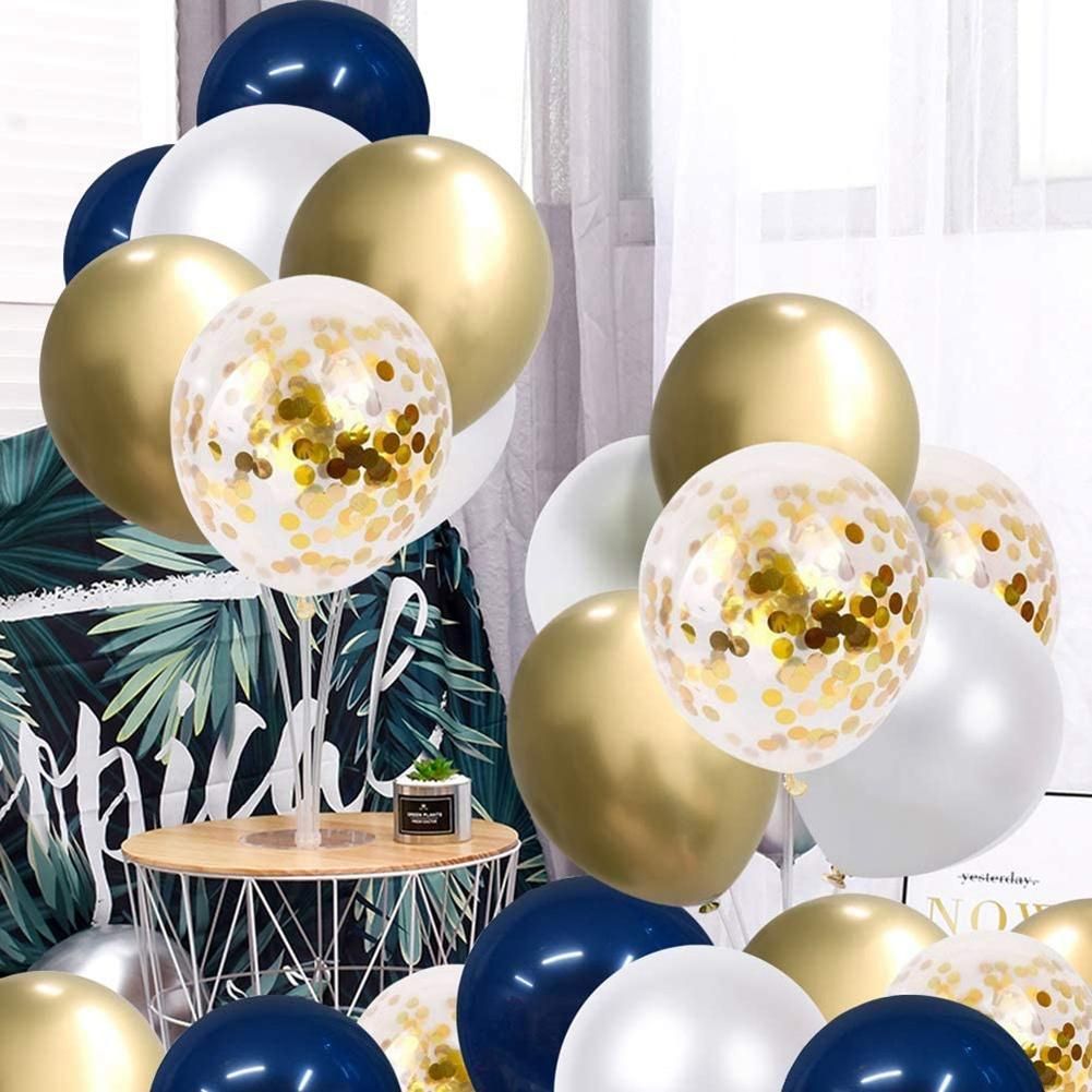 Navy Blue and Gold Confetti Balloons, Birthday Balloons for