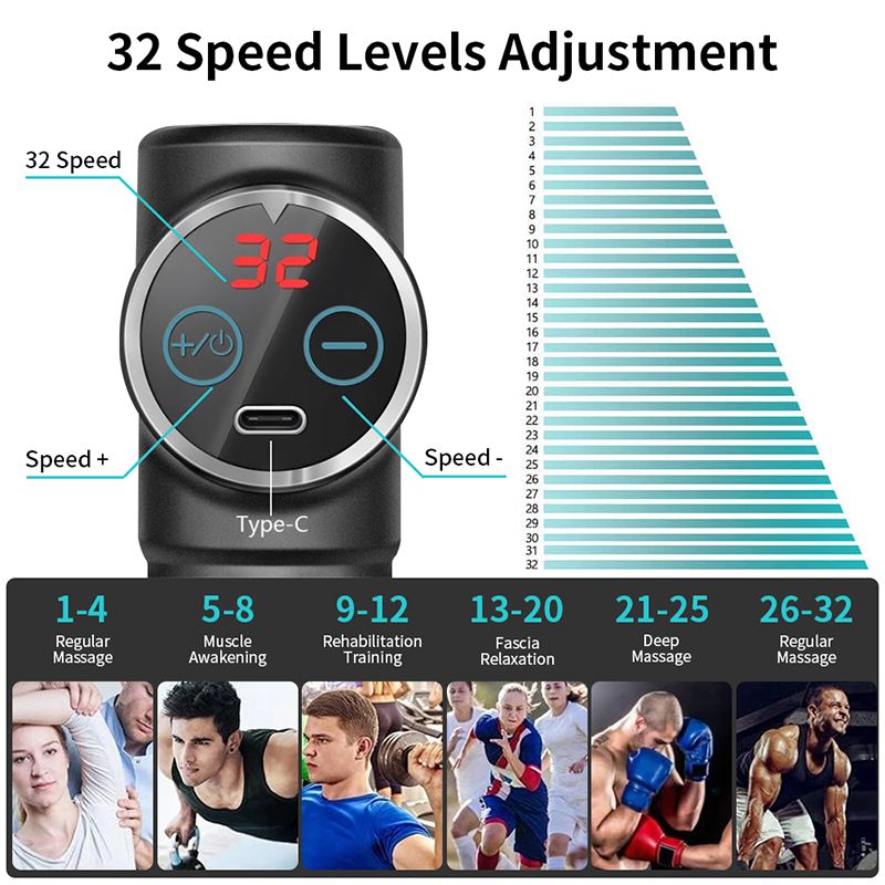 32-speed Electric Massage Gun, Mini LCD Screen, Deep Muscle Massager - Black
