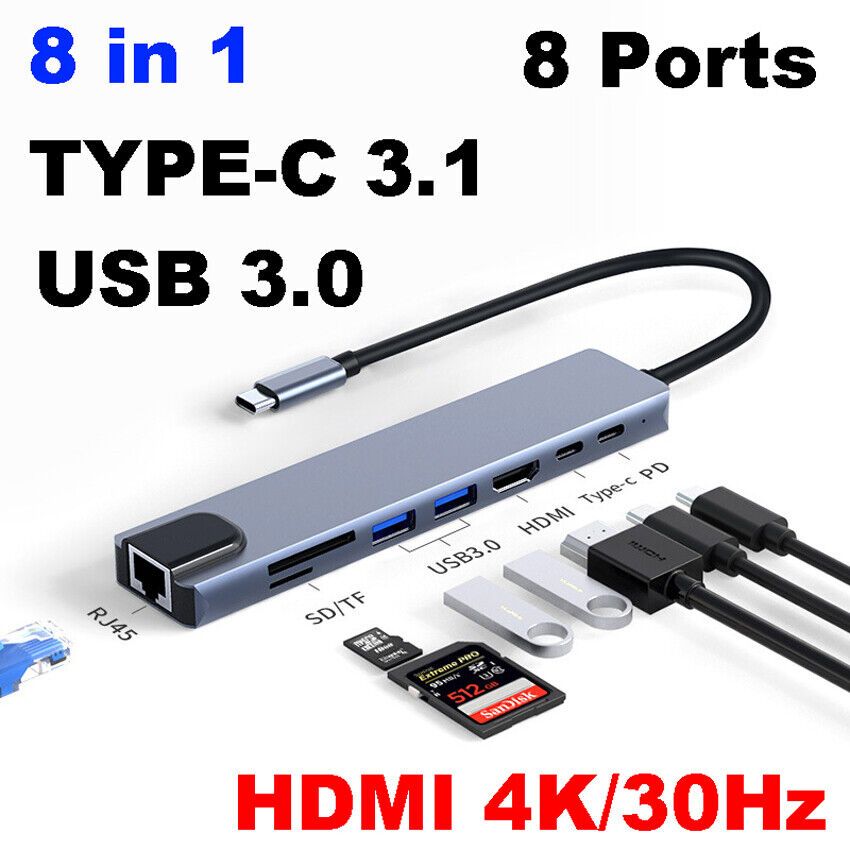 USB3.0 USB PD SD/TF RJ45 4K 8-in-1 87W HUB Multiport Adapter Type-C To HDMI