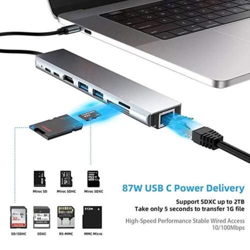 USB3.0 USB PD SD/TF RJ45 4K 8-in-1 87W HUB Multiport Adapter Type-C To HDMI