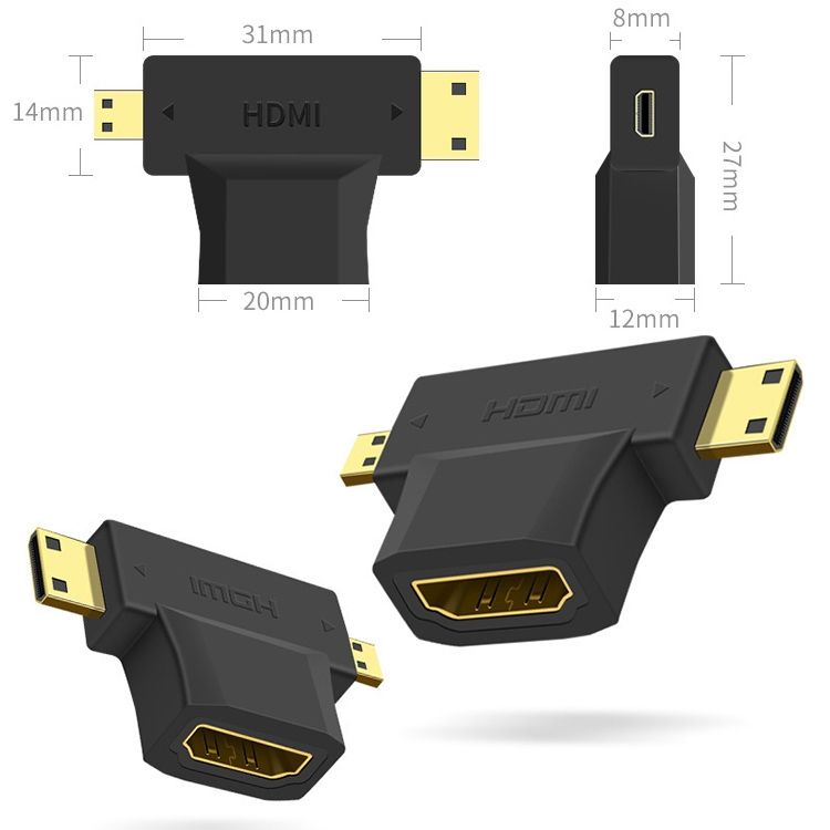 3 In 1 HDMI Female To Mini HDMI Male + Micro HDMI Male Adapter(Black)