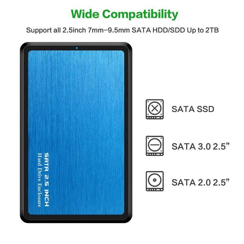 USB 3.0 Hard Drive Enclosure SATA External Hard Drive Disk Case Adapter Housing For 2.5 Inch SATA 7mm-9.5mm SATA HDD/ SSD Up To 2TB（Black & Blue & Sliver） Silver
