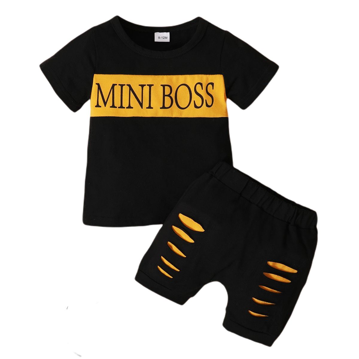 Baby Boys Summer Streetwear MINI BOSS Design Short Sleeves T-shirt + Fashion Ripped Shorts