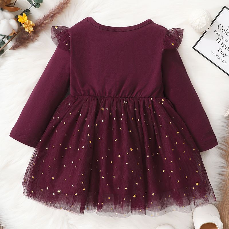 DADDY'S GIRL Baby Girls Long Sleeve Golden Star Sequins Princess Dress -Burgundy