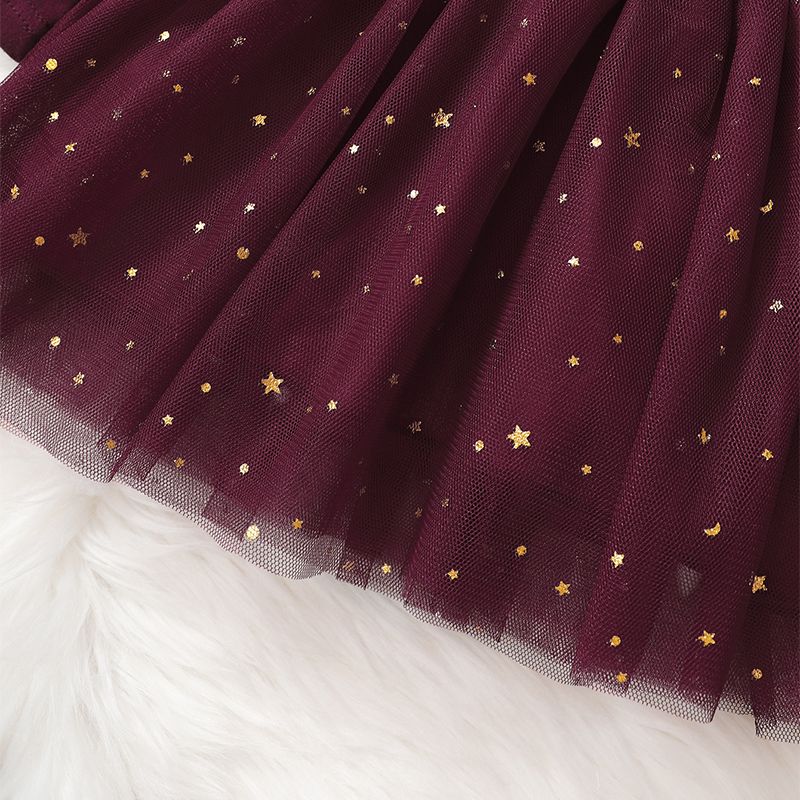 DADDY'S GIRL Baby Girls Long Sleeve Golden Star Sequins Princess Dress -Burgundy
