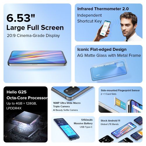A11 6.53" 4GB RAM/128GB ROM Android 11 - Mist Blue