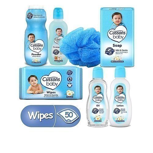 Mild & Gentle Baby Gift Set With FREE BABY WIPES (Large Pack Of 70g Bar Soap, 200ml Lotion, 200ml Oil, 50 Count Wipes, 200g Powder & Sponge)