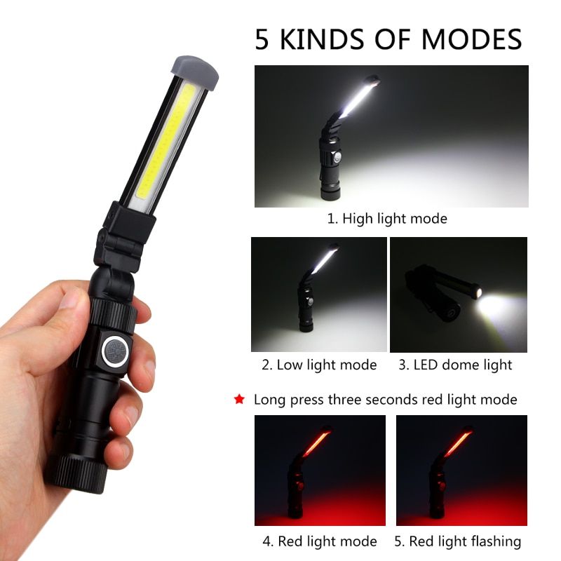 COB LED Camping Light 5 Mode USB Rechargeable Magnetic Flashlight Red Warning Light Build-in Battery Work Light Lamp Lantern BIL